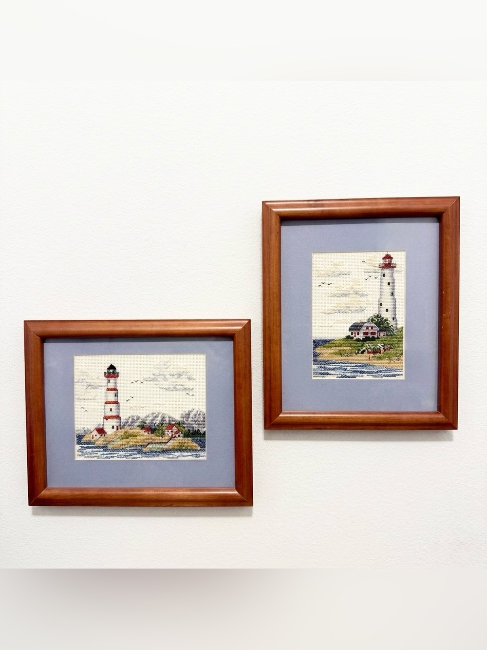 VTG Cross Stitch Set of 2 Lighthouse Art Professional Framed 8x10